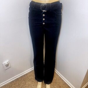 Women's Dark Wash Flare Jeans with Silver Button Fly and Belt